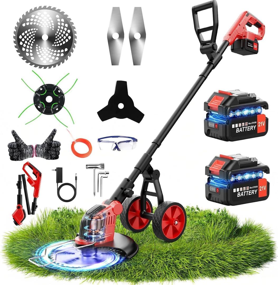 6000mAh Electric Weed Eater Battery Powered,12 Brushless Electric Weed Wacker Cordless Wheeled String Trimmer,4 in 1 Grass Trimmer/Brush Cutter/Grass Edger/Weed Trimmer 5 Blade, 2 Battery (Red)