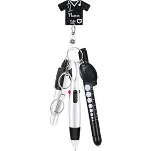 6 Pcs Nurse Badge Accessories Include Permanent Marker Pen, Retractable Ball Pen, Lights Badge Clip, Foldable Scissors, LED Flashlight Keychain for Nurse Gifts(Black)
