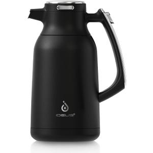 IDEUS Thermal Coffee Carafe 68oz (2,000ml), Stainless Steel Double Wall Insulated Vacuum Flask, Water Jug Coffee Server and Beverage Dispenser, Heat and Cold Retention (Black-Silver, 68oz (2,000ml))