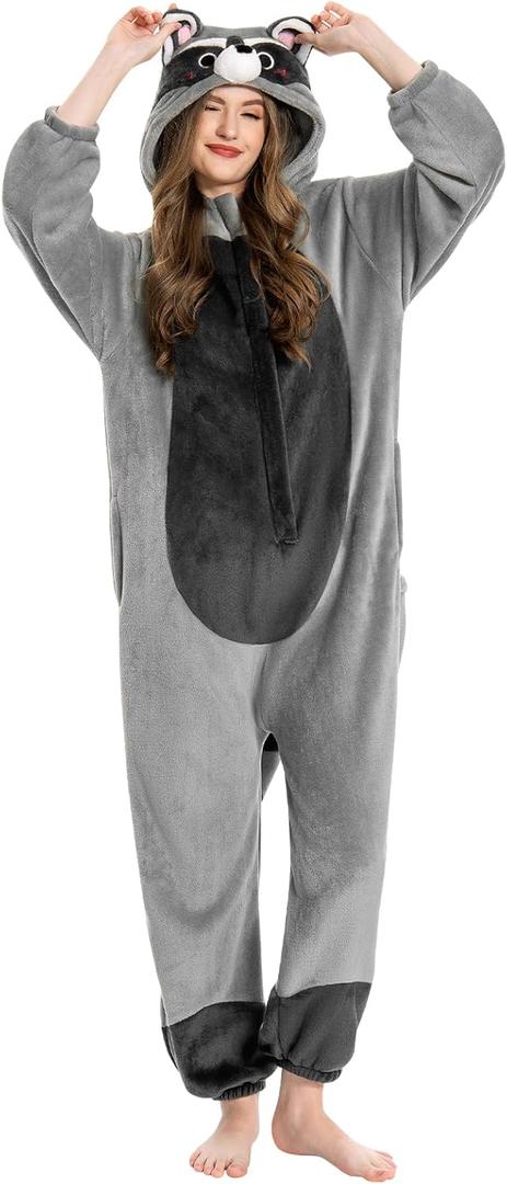 OLAOLA Adult Onesie, Flannel Unisex Animal Pajamas, Plush One Piece Sleepwear Cosplay Party Costume (Size Large, Grey Raccoon)
