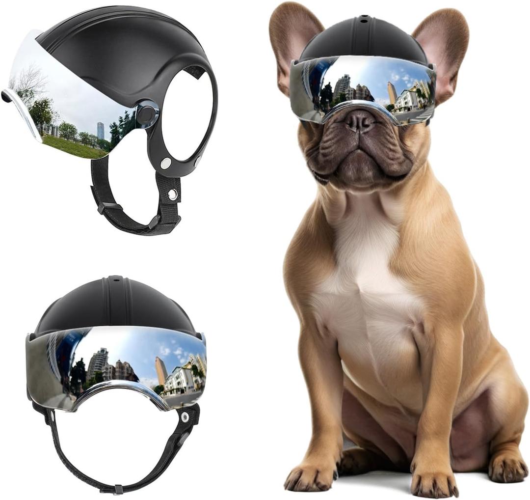 PETLESO Dog Helmet with Anti-UV Silver Goggles, Small Doggy Motorcycle Helmet with Ear Holes, Adjustable Outdoor Drop-Down Biking Safety Hat for Small Dogs Heads Protection