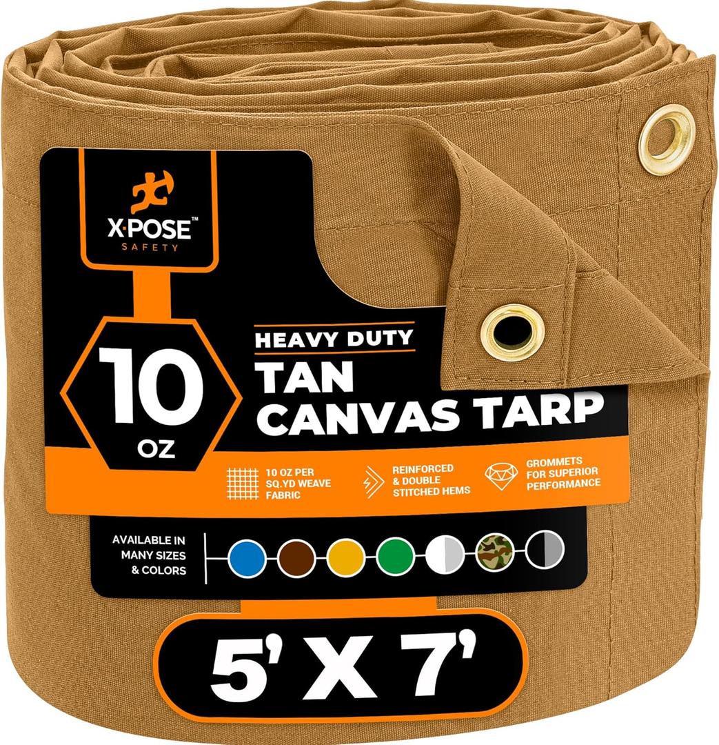Xpose Safety Canvas Tarp - 10oz Tan Canvas Tarps Heavy Duty Water Resistant with Brass Grommets- Multipurpose Outdoor Tarpaulin for Camping, Canopy, Trailer, Equipment Cover 5' x 7'