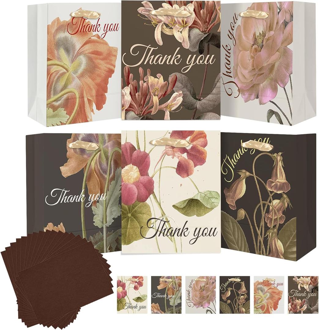 qiqee 6PCS Brown Tone Flowers Paper Gift Bags with Tissue Paper Handles Medium Size Bags18pcs Tissue Paper