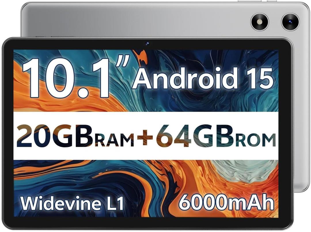 SVITOO Android Tablet 10 Inch, Android 15 Tablet for Kids Adults, 20GB RAM 64GB Storage 1TB Expandable, Dual Cameras 8MP 2MP, 6000mAh Dual Speakers WiFi 6 Gray ﻿