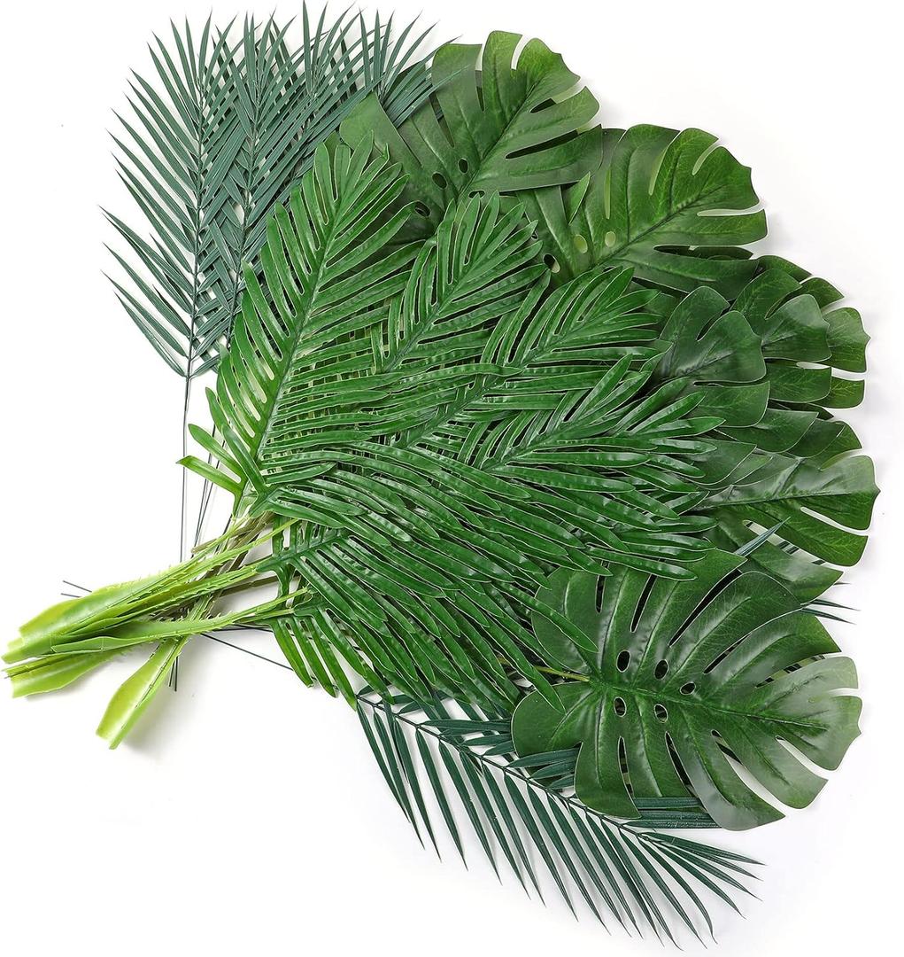 Cindeer 24 Pcs Artificial Palm Leaves 3 Kinds Large Faux Monstera Leaf Greenery Stems Safari Jungle Leaves for Hawaiian Christmas Easter Party Table Wedding Decorations (Small)