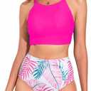 Herseas Women's Tankini Sets Solid High Neck Top Floral Print Bikini Bottom High Rise 2 Piece Popular Swimsuits Teen Girls Tummy Control Hot Pink Bathing Suits Trendy Cruise Outfits Medium