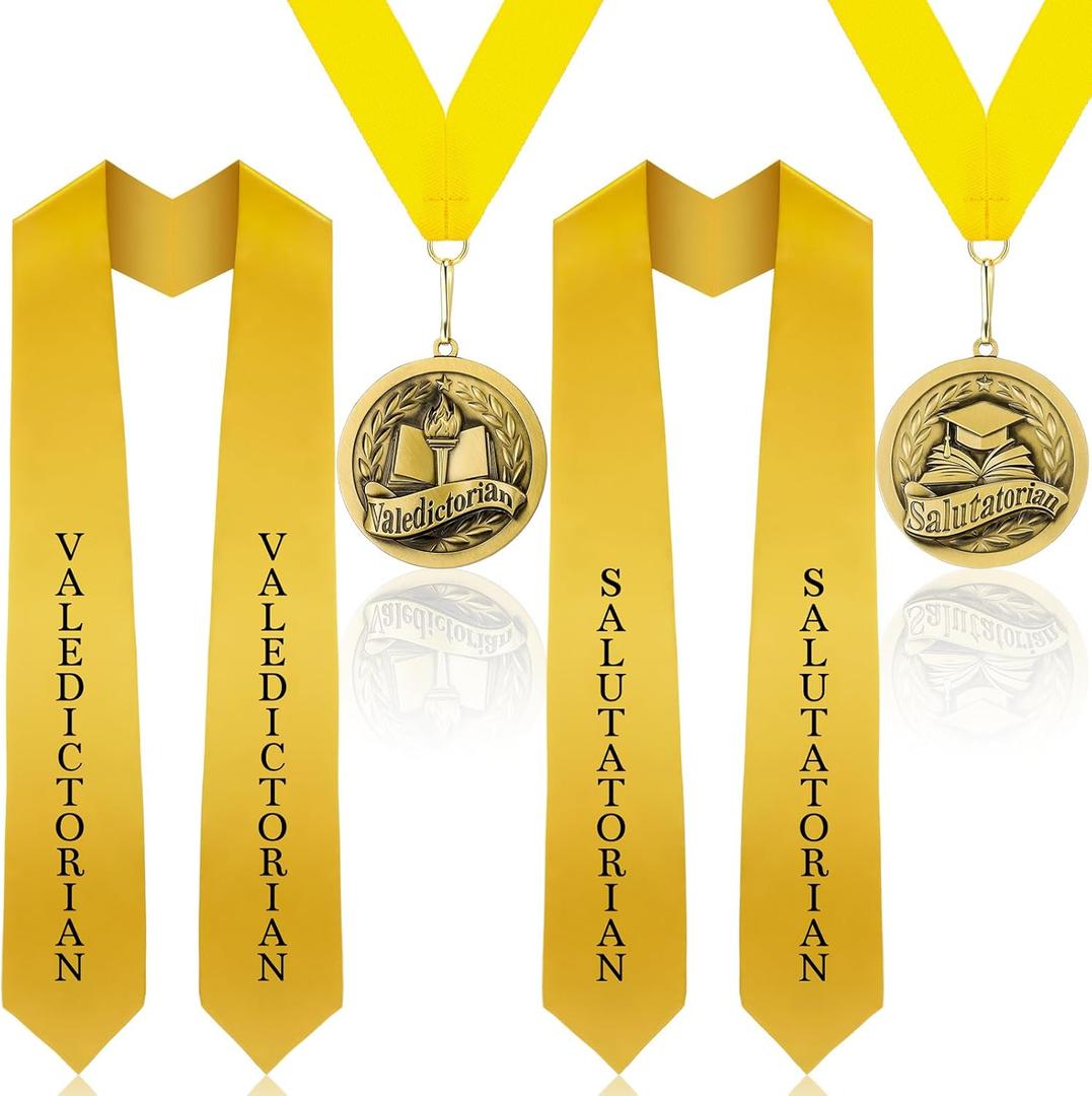Shyyween 4 Pcs Graduation Award Medal and Graduation Stole Set 2026 Valedictorian Salutatorian Graduate Stole and Award Medal with Gold Grosgrain Ribbon for Students (Yellow)
