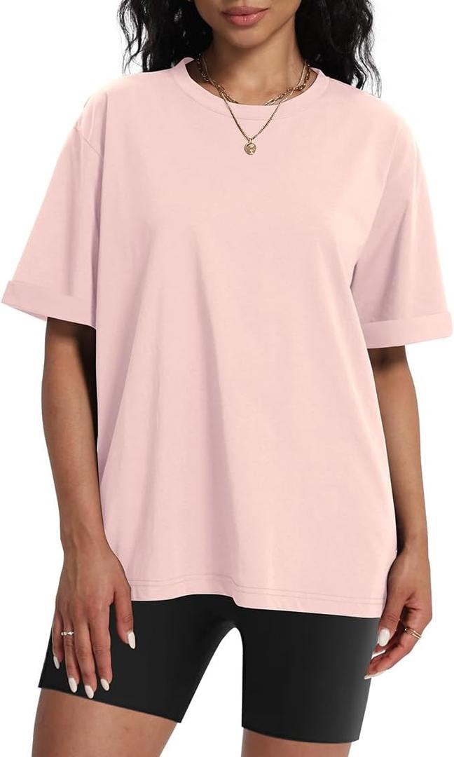 Womens Oversized T Shirts Crewneck Rolled Short Sleeve Tops Summer Casual Basic Workout Tee Shirts (Pink, L)