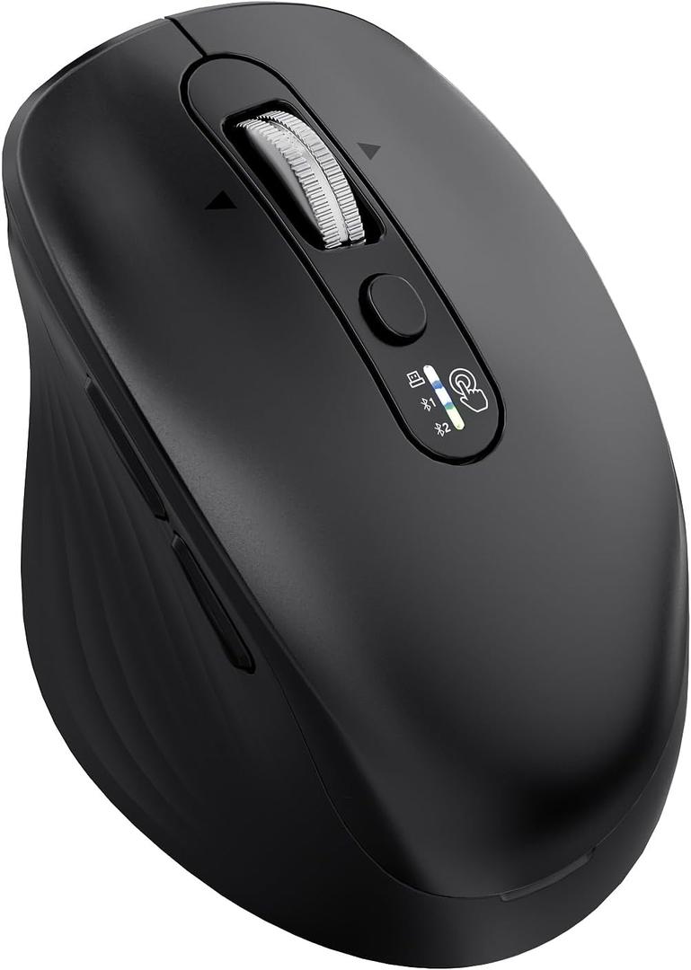 INFINMIND Wireless Bluetooth Ergonomic Silent Mouse for Laptop & Mac, Multi-Device (BT1/BT2 + 2.4G USB) One-Click Switch, 4-Way Metal Scroll Wheel, 3000 DPI Office Mouse for PC MacBook iPad (Black)