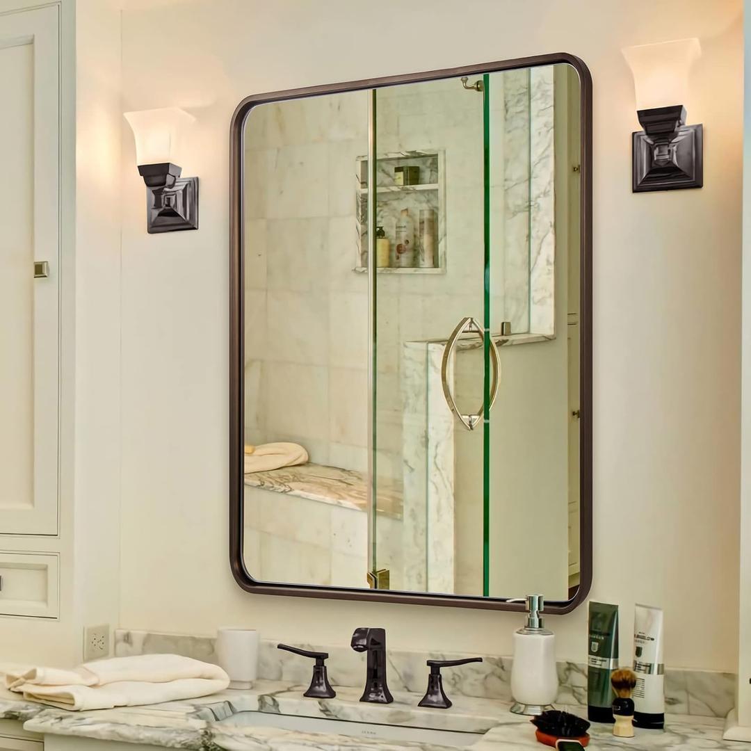 ANDY STAR 28x36 INCH Bronze Bathroom Mirror, Rounded Rectangle Oil Rubbed Bronze Mirrors for Bathroom,Tube Metal Framed, 1 Deep Wall Mounted Vertically/Horizontal