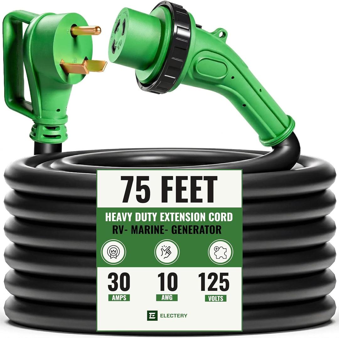 30 Amp Generator Extension Cord 75 FT, TT-30P to L5-30R Twist Lock, LED Power Indicator & Reverse Polarity Light, 10 AWG Heavy Duty RV Shore Power Cord, 90 Grip Handle, for Generator, Camper, Marine
