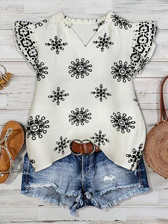 Women Floral Embroidered Blouse Ruffled V-Neck Flutter Sleeve Top for Summer Brunch Casual