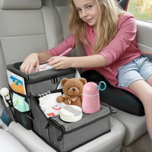 Backseat Organizer for Kids & Adults Car Seat Cooler Warmer with 2-in-1 Writing Tray, Cup Holders & 11 Storage Compartments | Road Trip Car Organizer for Front & Back Seat (Grey)