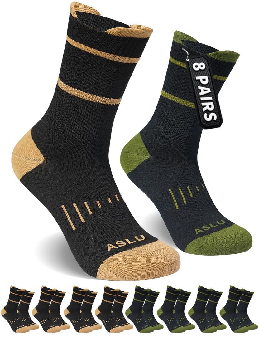 Men's Performance Athletic Socks with Arch Support & Compression Fit - Mid-Calf Workout Socks for Running, Gym, Everyday (8 pairs) (Green)