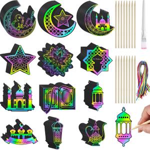 Hollowfly 96 Pcs Ramadan Scratch Paper Kit Eid Mubarak Paper Scratch Off Card Eid Crafts Ramadan DIY Rainbow Hanging Ornament Craft for Ramadan Party Eid Mubarak Activity Drawing Supplies Decor