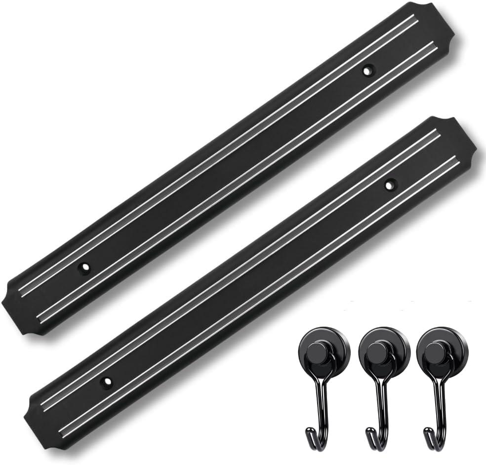 Magnetic Knife Strip for Wall - Extra-Strong Magnet Knife Holder Strip (15 Inch X Set Of 2) & 3 Powerfull Magnetic Hooks - Securely Holds Kitchen Knives - Space-Saving Magnetic Knife Holder For Wall