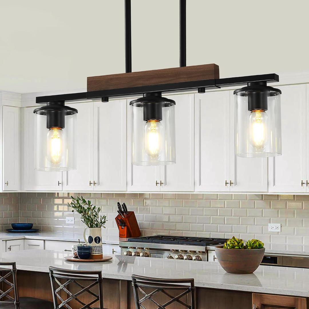 23.6'' Kitchen Island Light Fixtures, 3-Light Dining Room Light Fixture Chandelier Over Table, Black Modern Rustic Wood Ceiling Pendant Light Fixtures, with Clear Glass Shade, Farmhouse Chandelier