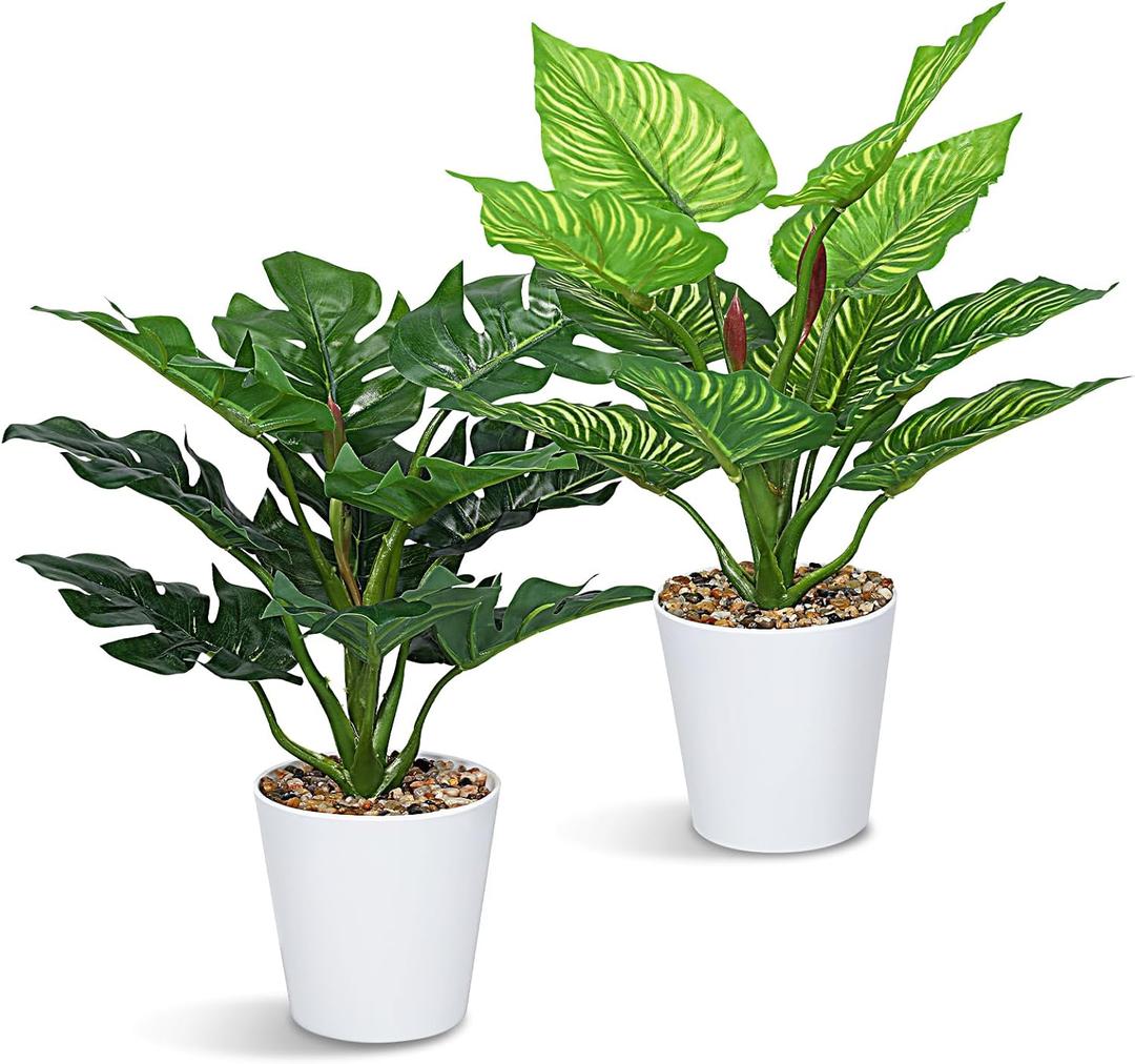 2 PCS Fake Potted Plant 12" Small Artificial Plants Indoor, Faux Greenery Monstera Dieffenbachia Plant in Pot, Artificial Tropical Plants for Home Office Table Shelf Window Centerpieces Decor