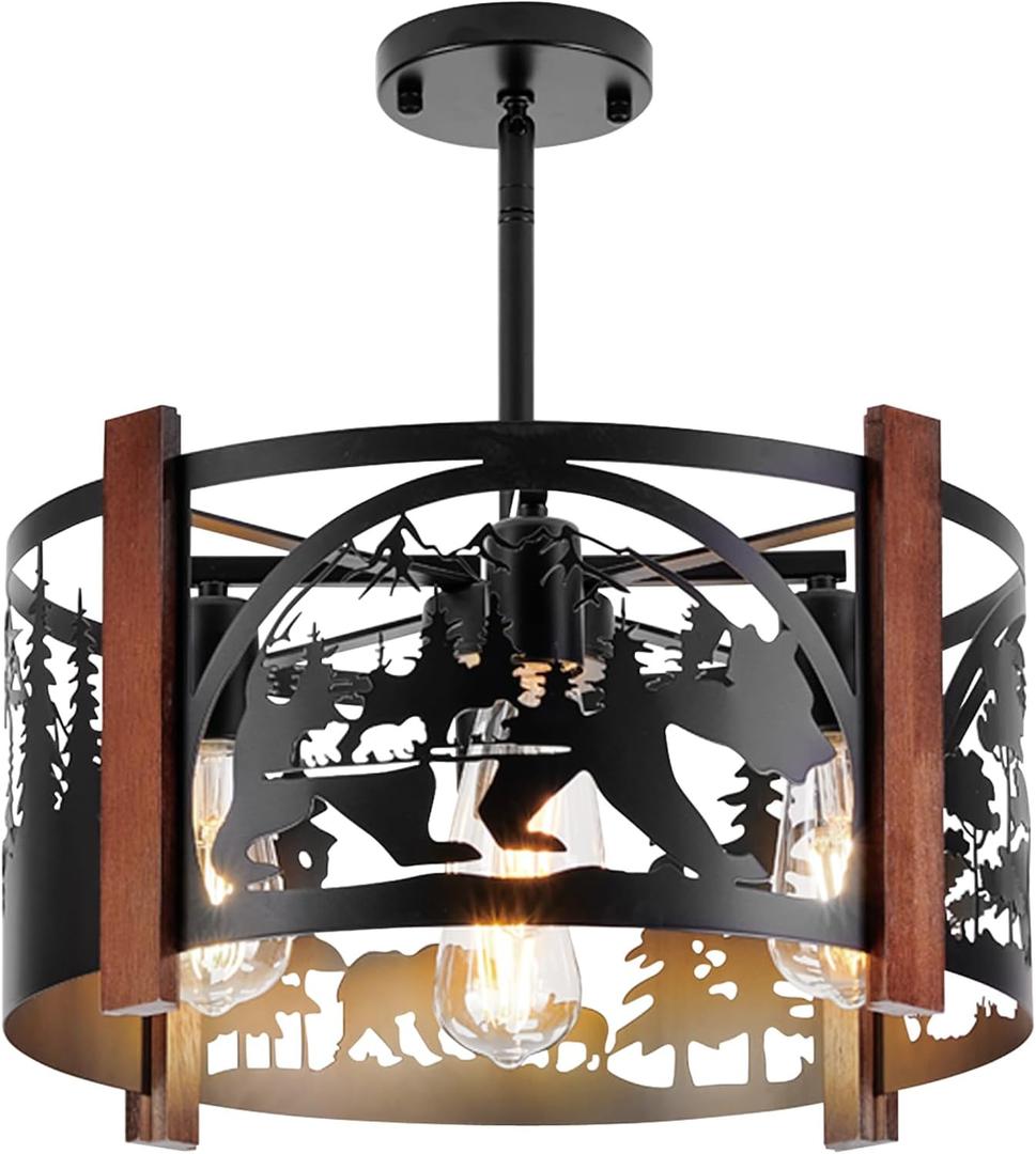 Farmhouse Rustic Slanted Ceiling Light Fixtures,4-Light Round E26 Base Black Metal Fixture with Bear Design Ideal for Kitchen, Living Room,Foyer, Bedroom, Hallway, and Rustic Style