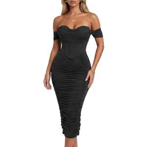 CurvySweet Women's Off the Shoulder Midi Dress Built-in Bra Ruched Corset Bodycon Formal Night Out Cocktail Party Dresses | Built-in Bra, bodycon curve hugging fit, elegant and sexy style, perfect for wedding guest, cocktail party and formal events. Medium