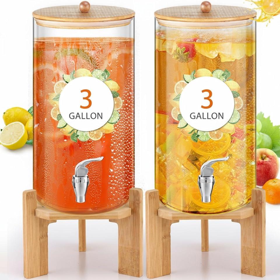 FillTouch 2 Pack 3 Gallon Glass Drink Dispensers for Parties | Beverage Dispenser with Bamboo Stand Lid and Spigot, Leakproof for Lemonade Juice Tea Water, Party Drinks Containers