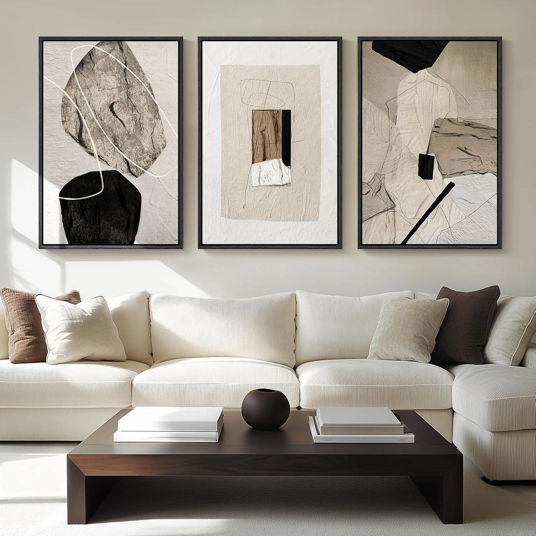 Large Framed Neutral Abstract Wall Art for Living Room, 3 Piece Modern Canvas Prints Paintings Artwork for Walls, Black and Beige Pictures for Living Room Hallway Stair Office Wall Decor 24x36 Inch