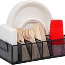 Paper Plate Dispenser with Handle, Metal Paper Plate Holders for Kitchen Counter, Utensil Holder Organizer with 6 Compartments, Silverware Holder Caddy for Cup Fork Spoon Napkin Party Camping (Black)