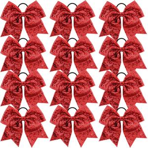 12 Pieces 8 Inch Red Cheer Bows Glitter Jumbo Cheerleading Bow with Elastic Ponytail Holder Bow Hair Tie Band Hair Accessories for School Girls Toddlers
