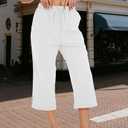 Womens Summer Capris Pants Causal Drawstring Elastic Waist Pants Lightweight Trousers Buttons Trim with Pockets White, 2XL