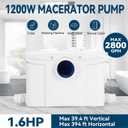 1200W Macerator Pump with PCB Function Toilet Pump Utility Sink Pump Upflush to 39.4FT 2800GPH Macerating Toilet System with 4 Water Inlets 2 Outlets for Toilet Sink Shower Laundry Kitchen Basement