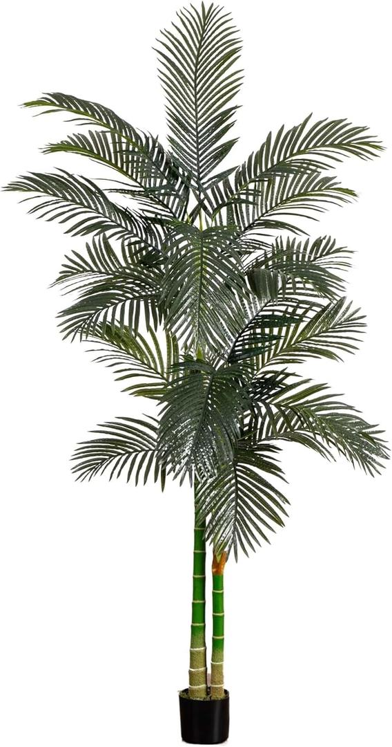 Nearly Natural 8FT Artificial Golden Cane Palm Tree, Fake Palm Tree with Two Realistic Trunks and Lifelike Palm Leaves, Faux Palm Plant for Indoor Home Dcor with Black Nursery Planter