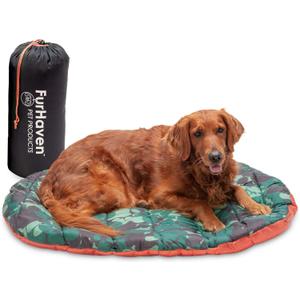 Furhaven Outdoor Travel Dog Bed for Large/Medium Dogs w/ Carry Bag, Washable & Foldable, Great for Crates & Kennels - Trail Pup Travel Pillow Mat w/ Stuff Sack Bag - Paprika/Camo-Paw, Large (39.0"L x 27.0"W x 2.0"Th)