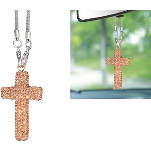 Car Hanging Ornament, Bling Cross Shiny Personality Decorative Rearview Mirror Pendant, Rust-proof and Fade-proof Stainless Steel Multifunctional Charms for Backpacks, for Most Cars (Gold)
