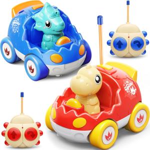 2 Pack Dinosaur Remote Control Cars Toys for Kids 2 3 4 5 6 Years Old, Christmas Birthday Gifts for Boys and Girls Ages 2-6, Dino Race Car Toddlers Toys with Music and Light(Red Blue)
