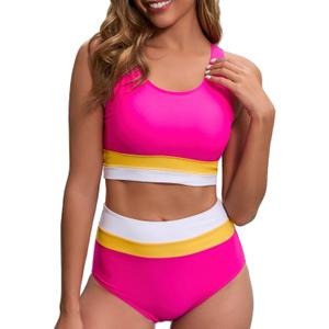 Women's High Waisted Bikini Sets Two Piece Swimsuit Color Block Sporty Athletic Moderate Coverage Bathing Suits (Large, Light Pink)