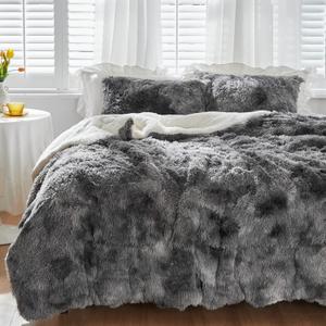 Luxury Faux Fur Shaggy Comforter Set Full/Queen Size, Plush & Sherpa Reversible Comforter Tie Dye Black, 3 Pieces Fluffy Fuzzy Bedding Set Ultra Soft and Warm for Winter (1 Comforter + 2 Pillowcases), Queen 86"x86"