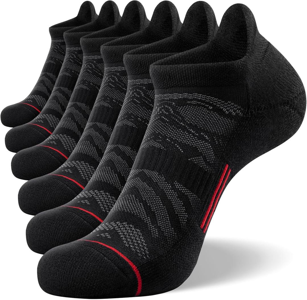 FITRELL 6 Pack Ankle Running Socks for Men and Women Low Cut Cushioned Athletic Sports No Show Socks, Shoe Size 7-9, Black+Red