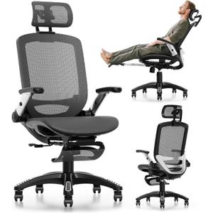 GABRYLLY Ergonomic Office Chair with Footrest, High Back Home Desk Chair - 3D Headrest, Flip-Up Arms, 135 Tilt and Wide Cushion, Heavy Duty Mesh Chairs for Task Computer Gaming,GYB01-FT (Obsidian Black)