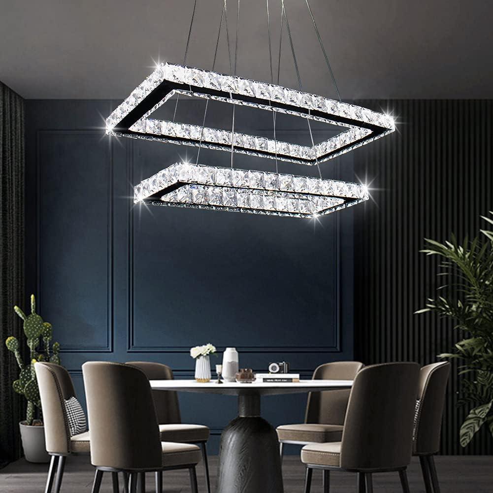 Finktonglan Modern Crystal Chandelier, Rectangular Double Ring LED Pendant Light, 6000K Cool White Non-Dimmable, Height Adjustable Hanging Light Fixture for Dining Room Living Room Bedroom