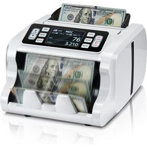 MUNBYN IMC09 Mixed Denomination Money Counter Machine, Value Counting, UV/MG/IR/MT Bill Counter, 3.5" TFT Display Money Counting Machine, USD, EUR, MXN, CAD Cash Counter for Business (White)