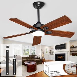 42" Lighted Ceiling Fan, Solid Wood Ceiling Fan, with Remote Control and DC Motor, 5 Blades, Suitable for Living Rooms, Bedrooms, Farmhouses, Hallways, Indoor and Outdoor Ceiling Fans - Black + Walnut
