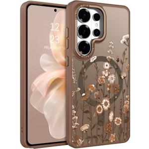 DOMAVER for Samsung Galaxy S26 Ultra Case, Magnetic Phone Case for Samsung S26 Ultra [Compatible with MagSafe] Slim Fit Flowers Floral Design Shockproof Protective Bumper Women Girls Cover- Brown