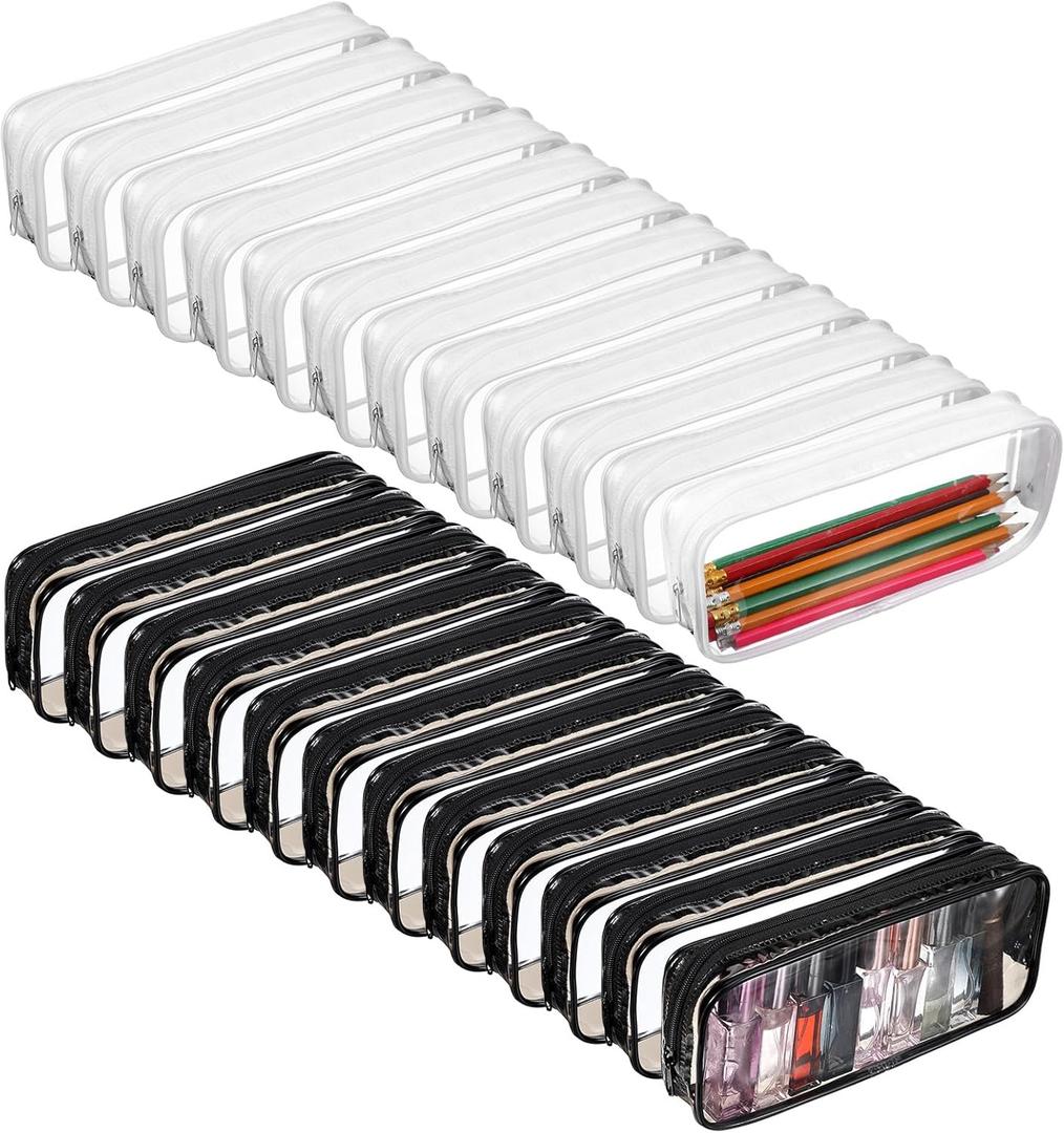 24PCS PVC Pencil Bag, Clear Pencil Case with Zipper, Bulk Pen Bag Makeup Pouch for Teen Girls School Classroom Office Travel Storage Supplies Toiletry Makeup Zipper Pouches(Black, White)