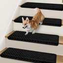 Bullnose Stair Treads Non Slip 9.5" x 32", 2 Pcs Carpet Stair Treads for Wooden Steps Indoor with Edge Protection, Reusable Peel and Stick TPU Backing Stair Runner Rugs - Lattice Pattern Black