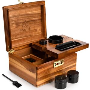 Premium Smell Proof Storage Box with Combination Lock Handcrafted Brown Acacia Wood Storage Organizer Set with Airtight Seal, 3 Jars, Tray, Tube & Accessories Large Decorative Gift Box