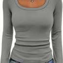 ATHMILE Womens Scoop Neck Long Sleeve Tops Fashion Ribbed Knit Shirts Slim Fitted Casual Basic Tee T Shirt for Women 2026 (Small)