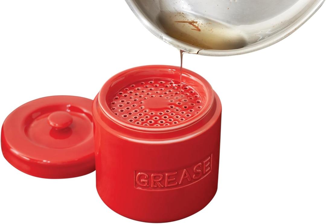 Fox Run Ceramic Bacon Grease Container With Strainer, 5 x 5.5 inches, Red