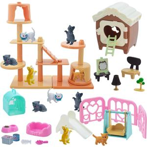 Pet Pretend Play Toys, 48Pcs Cat Figures Toys for Kids Realistic Detailed Cat Care Center with Accessories Toy Sets Educational Gifts for Kids Toddlers Girls Boys