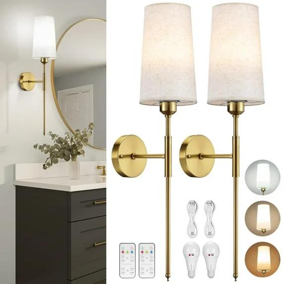 2 Pack Battery Operated Wall Sconce with Remote Control, Gold Antique Brass Iron Armed Wall Lamp Modern Wall light Fixture White Fabric Shade Wall Sconce For Bedroom, Living Room, Hallway