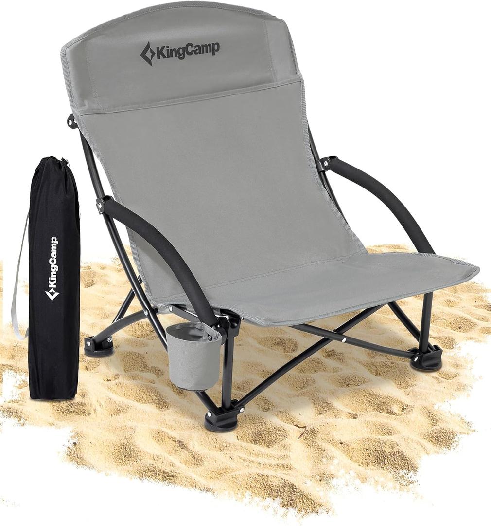 KingCamp Low Beach Chairs, Portable Folding Chair for Adults Extra Wide Ergonomic High Back Seat 300lbs Heavy Duty Lightweight Oversized Gear with Carry Bag for Outdoor Lawn Camping Picnic (Ergosolid C Grey)